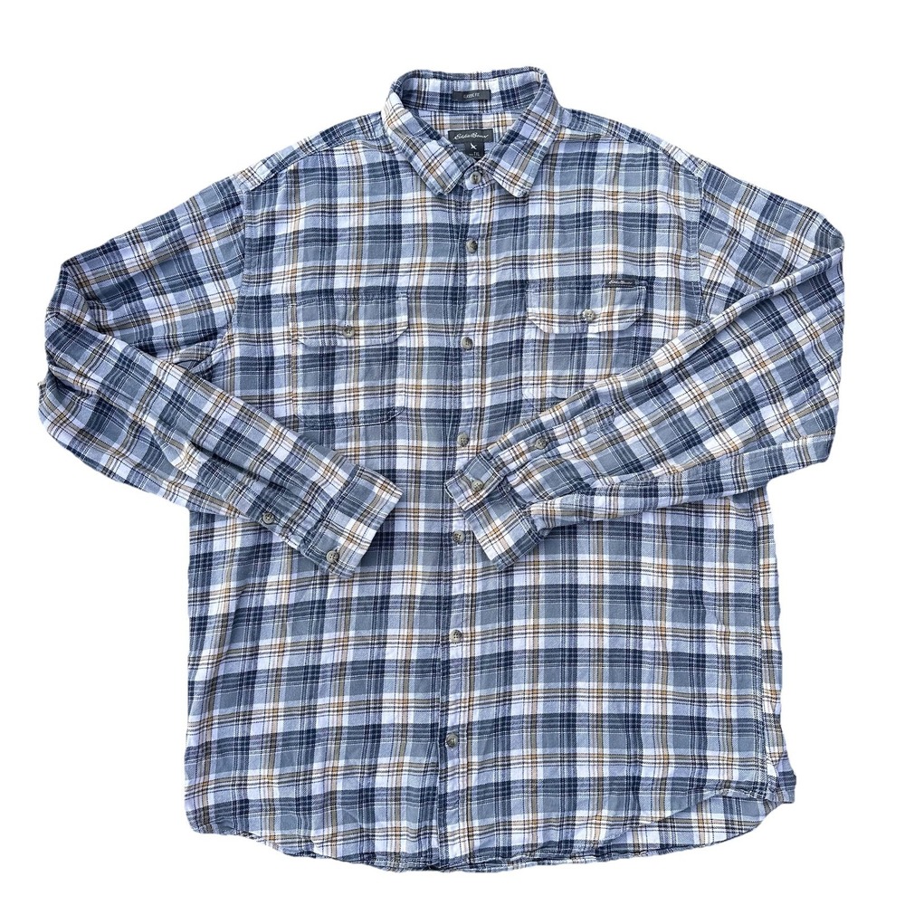 Eddie Bauer men TXL blue Tan white plaid long sleeve button up flannel shirt